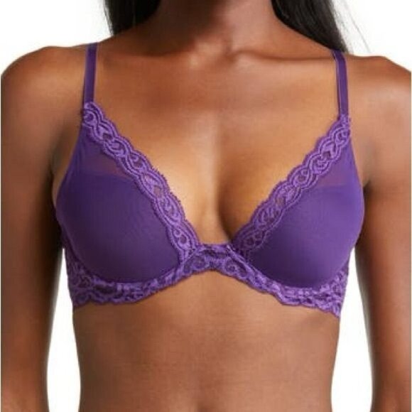 Natori Bra Feathers Plunge Purple Lace Balconette NWOT 34DD - Picture 1 of 5